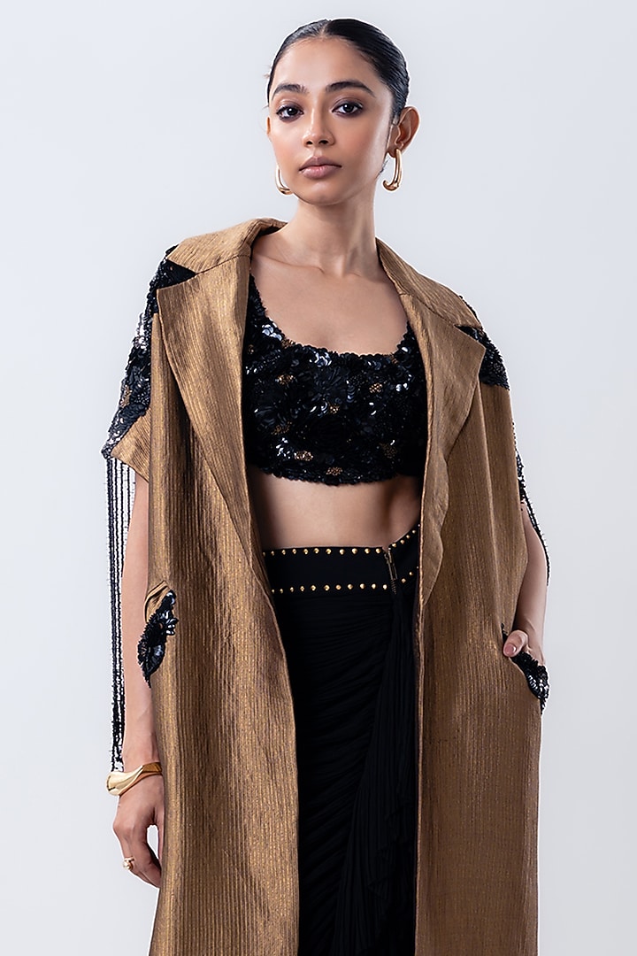 Gold Banarasi Silk Trench Coat Set by Nupur Kanoi at Pernia's Pop Up Shop