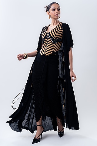 Black Banarasi Silk & Chiffon Jacket Set by Nupur Kanoi