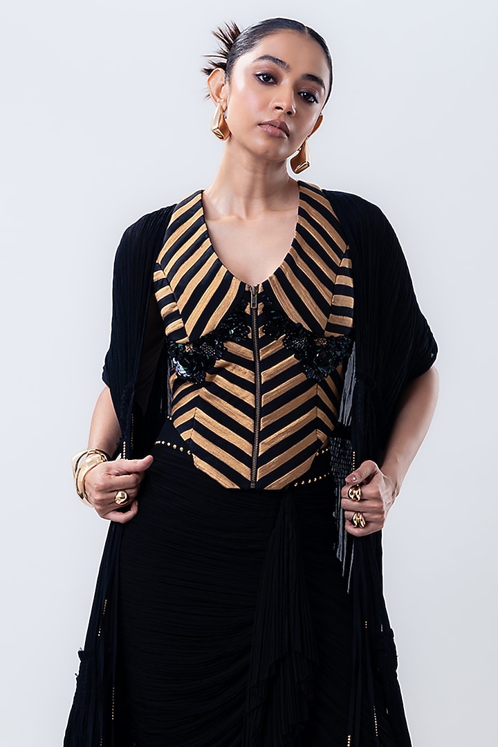 Black Banarasi Silk & Chiffon Jacket Set by Nupur Kanoi at Pernia's Pop Up Shop