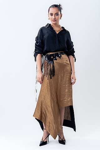 Gold Banarasi Silk Asymmetric Skirt Set by Nupur Kanoi