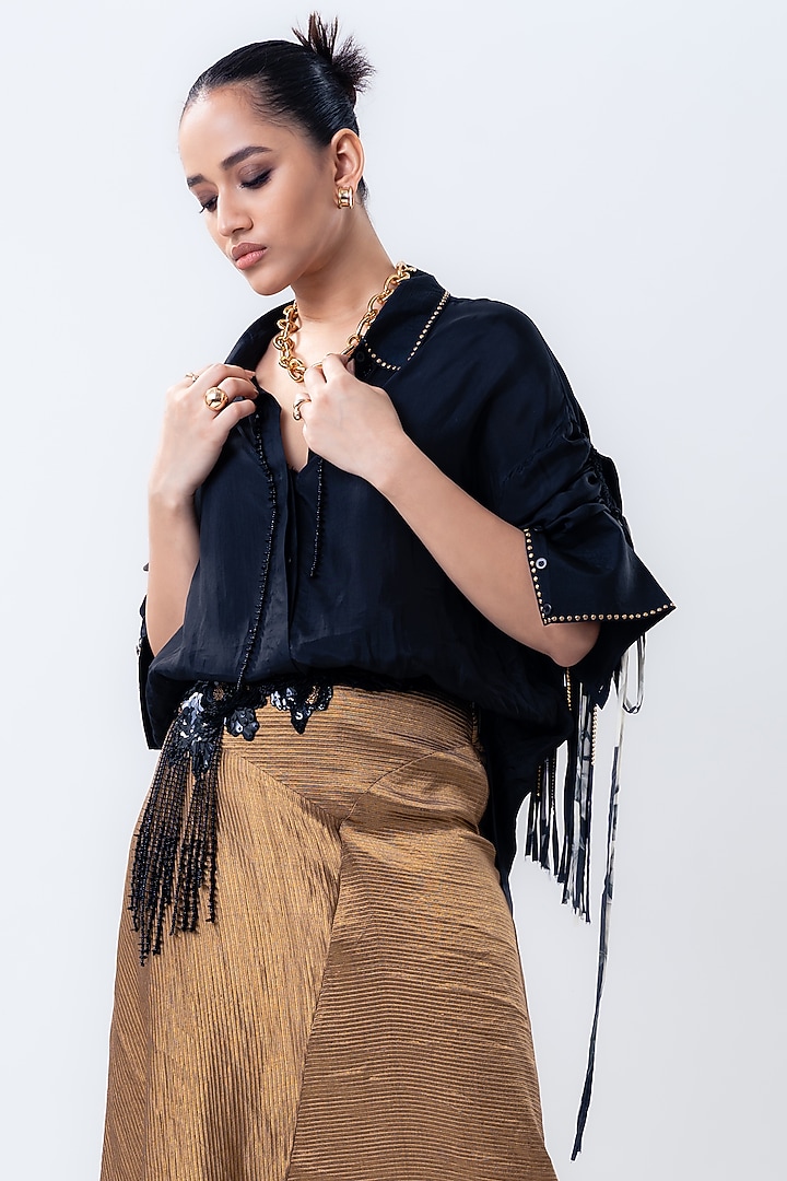 Gold Banarasi Silk Asymmetric Skirt Set by Nupur Kanoi at Pernia's Pop Up Shop