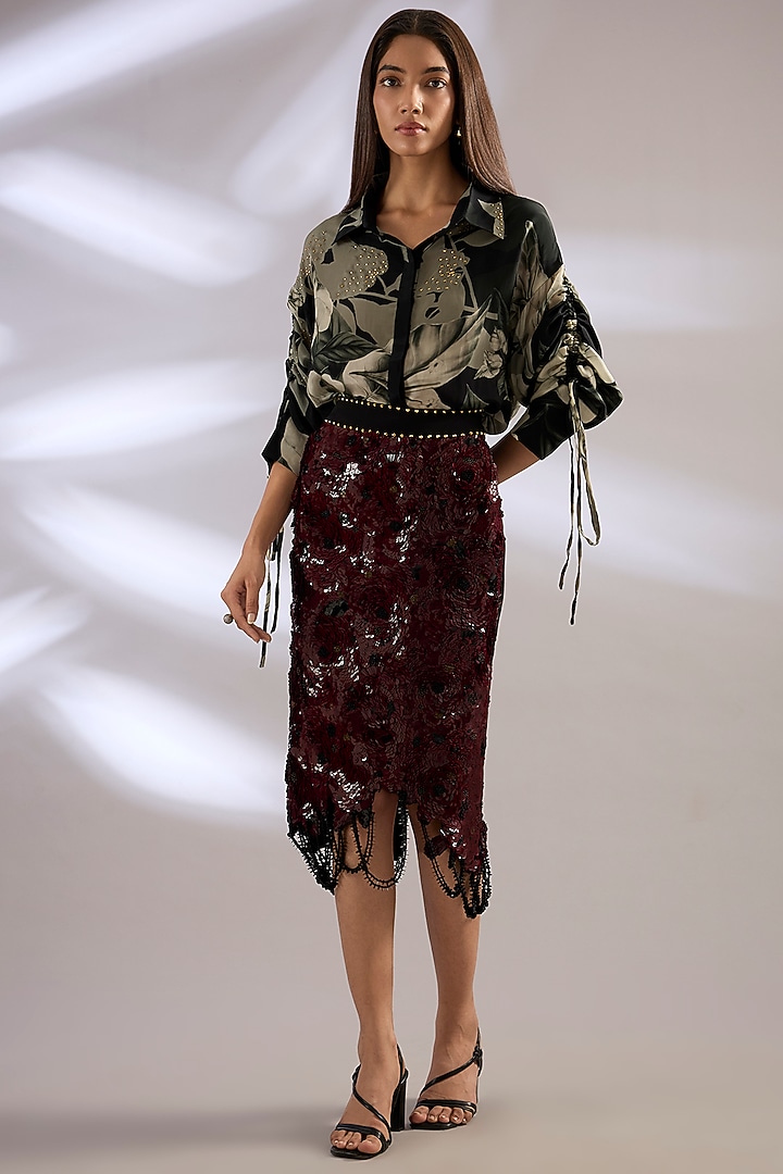 Burgundy Lycra Sequins Pencil Skirt Set by Nupur Kanoi at Pernia's Pop Up Shop