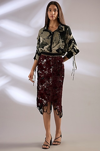 Burgundy Lycra Sequins Pencil Skirt Set by Nupur Kanoi
