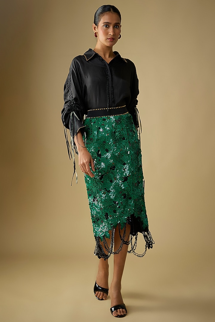 Green Crepe & Lycra Pencil Skirt Set by Nupur Kanoi at Pernia's Pop Up Shop