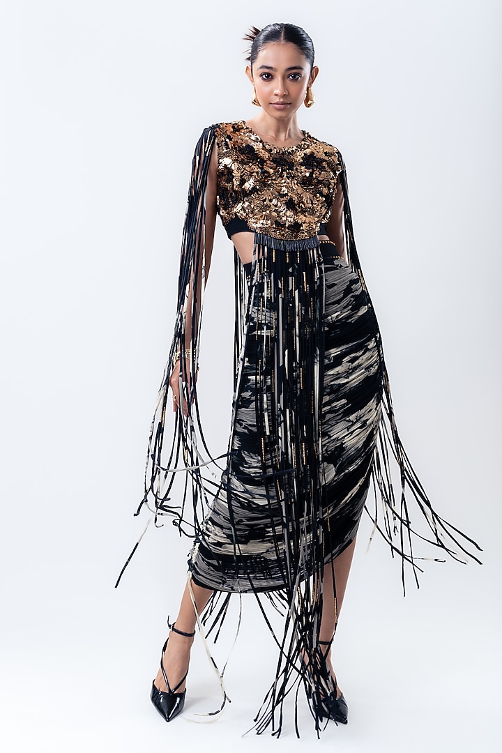 Black Crepe & Lycra Printed Skirt Set by Nupur Kanoi at Pernia's Pop Up Shop