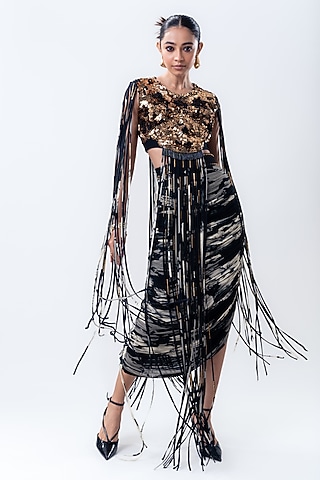 Black Crepe & Lycra Printed Skirt Set by Nupur Kanoi