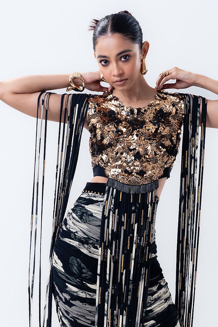 Black Crepe & Lycra Printed Skirt Set by Nupur Kanoi at Pernia's Pop Up Shop