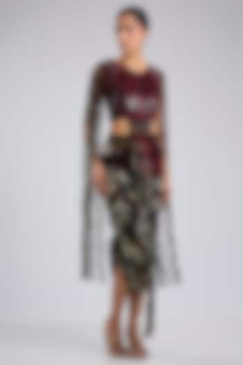 Burgundy Chiffon Printed Crushed Skirt Set by Nupur Kanoi at Pernia's Pop Up Shop