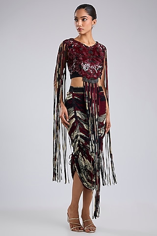 Burgundy Chiffon Printed Crushed Skirt Set by Nupur Kanoi