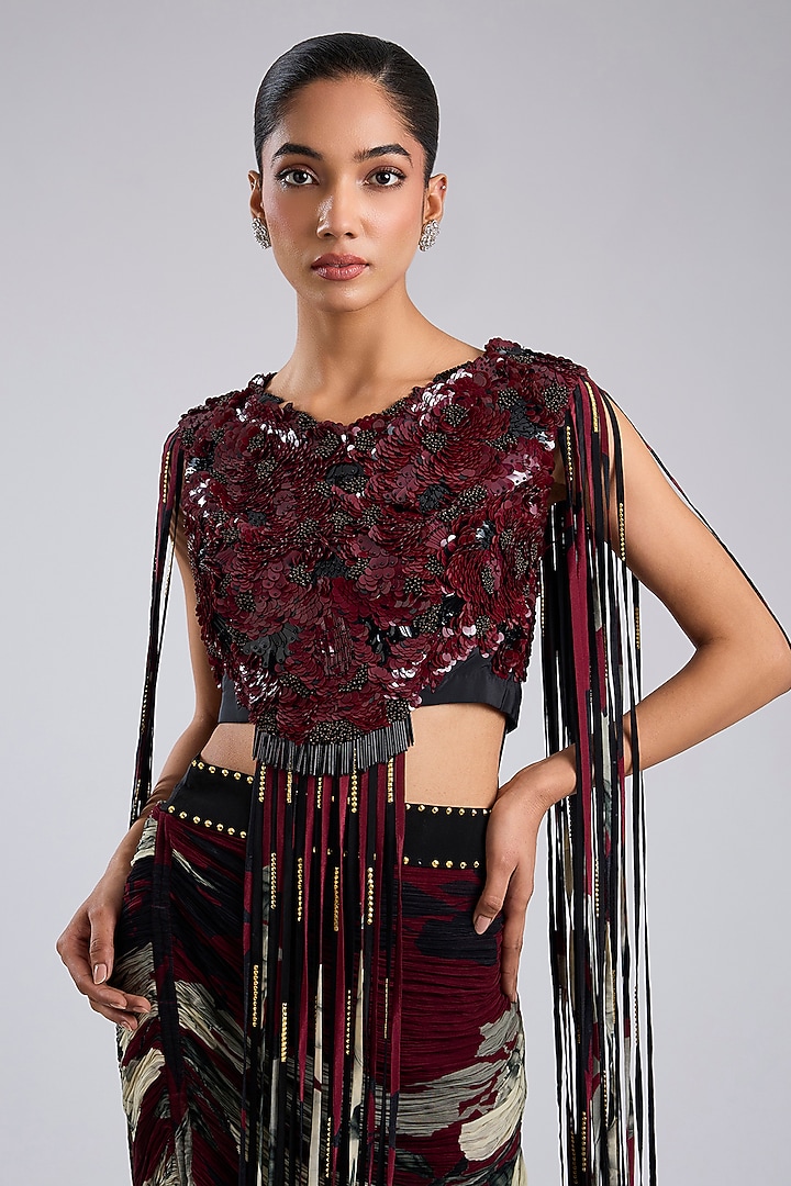 Burgundy Chiffon Printed Crushed Skirt Set by Nupur Kanoi at Pernia's Pop Up Shop