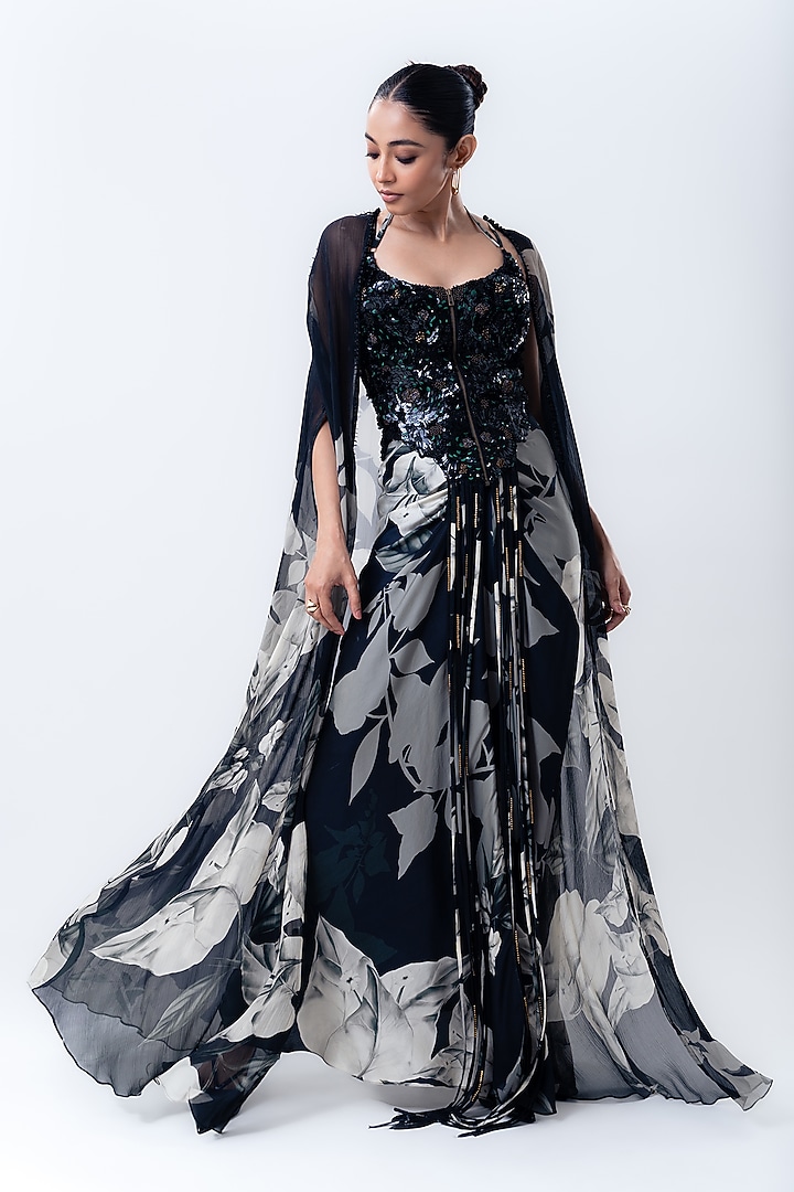 Black Crepe & Chiffon Printed Cape Set by Nupur Kanoi at Pernia's Pop Up Shop