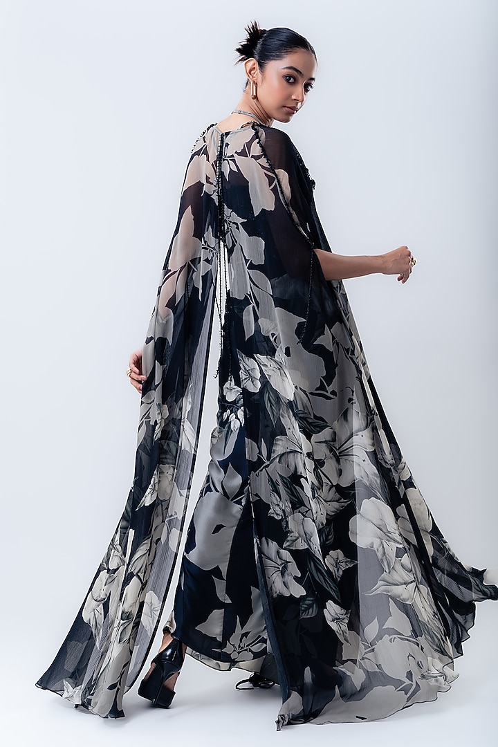 Black Crepe & Chiffon Printed Cape Set by Nupur Kanoi at Pernia's Pop Up Shop