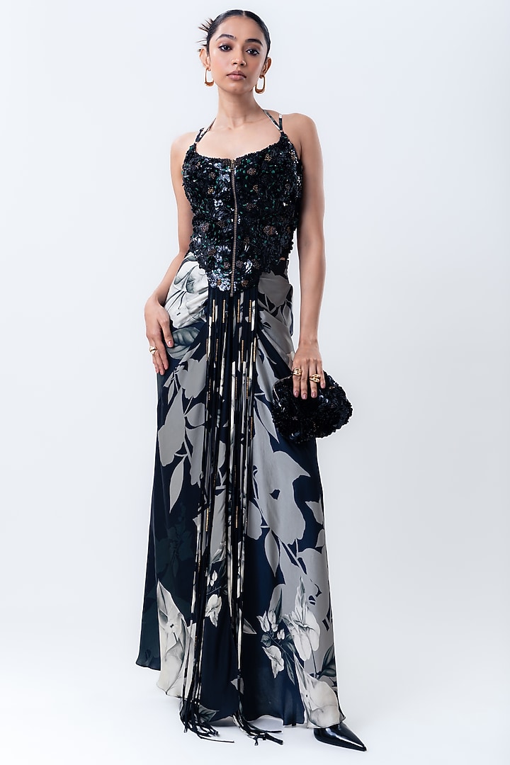 Black Crepe & Chiffon Printed Cape Set by Nupur Kanoi at Pernia's Pop Up Shop