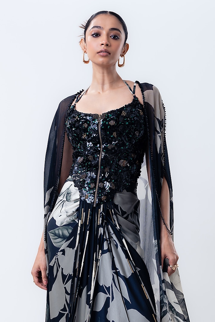 Black Crepe & Chiffon Printed Cape Set by Nupur Kanoi at Pernia's Pop Up Shop