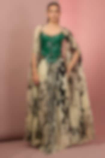 Off-White & Green Satin Printed Cape Set by Nupur Kanoi at Pernia's Pop Up Shop