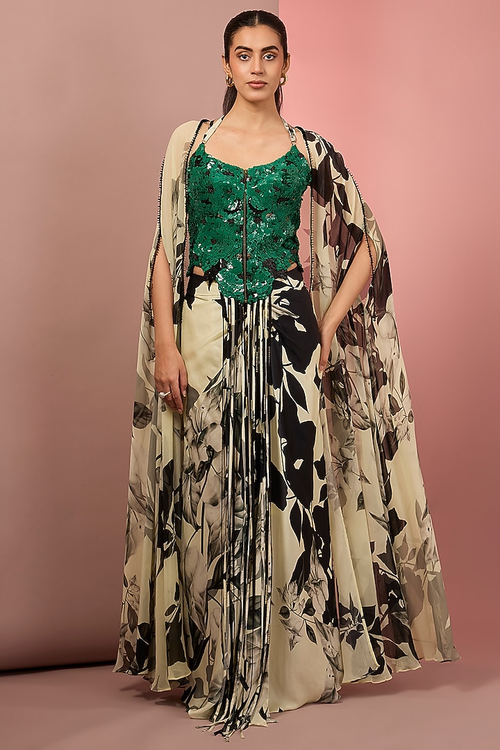 Off-White & Green Satin Printed Cape Set by Nupur Kanoi at Pernia's Pop Up Shop