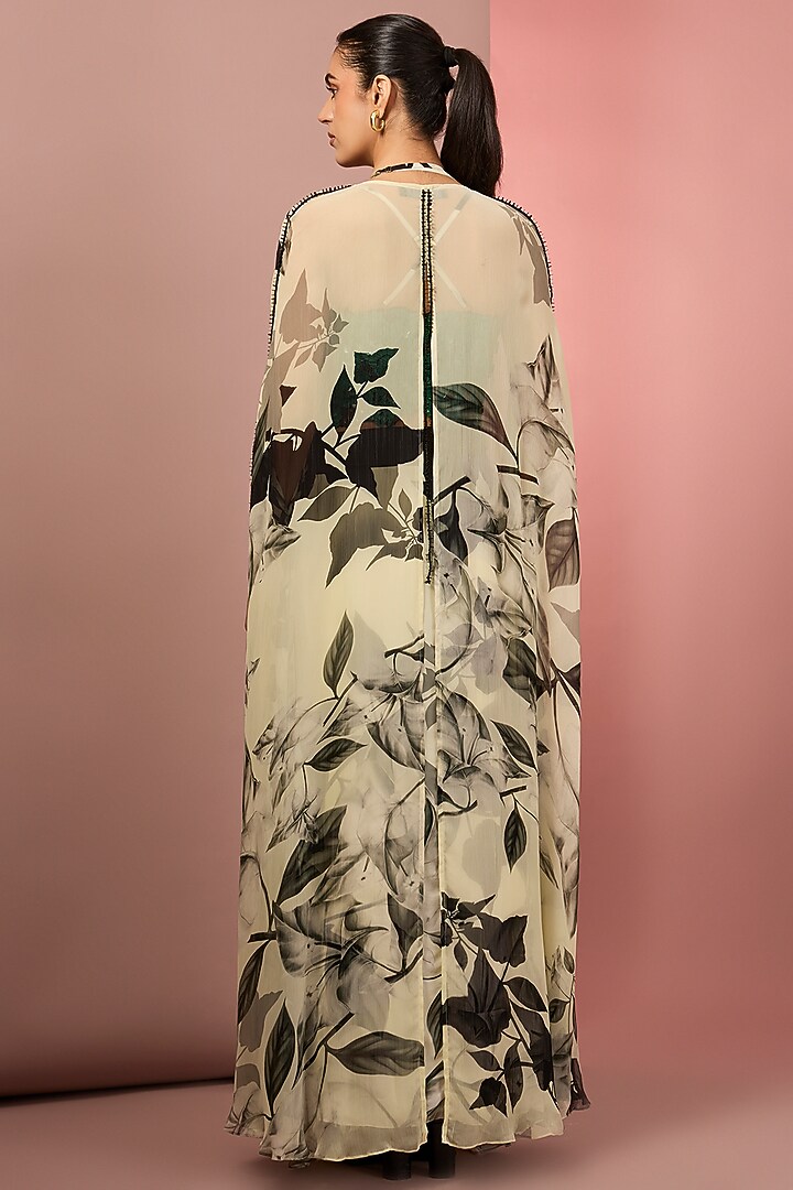 Off-White & Green Satin Printed Cape Set by Nupur Kanoi at Pernia's Pop Up Shop