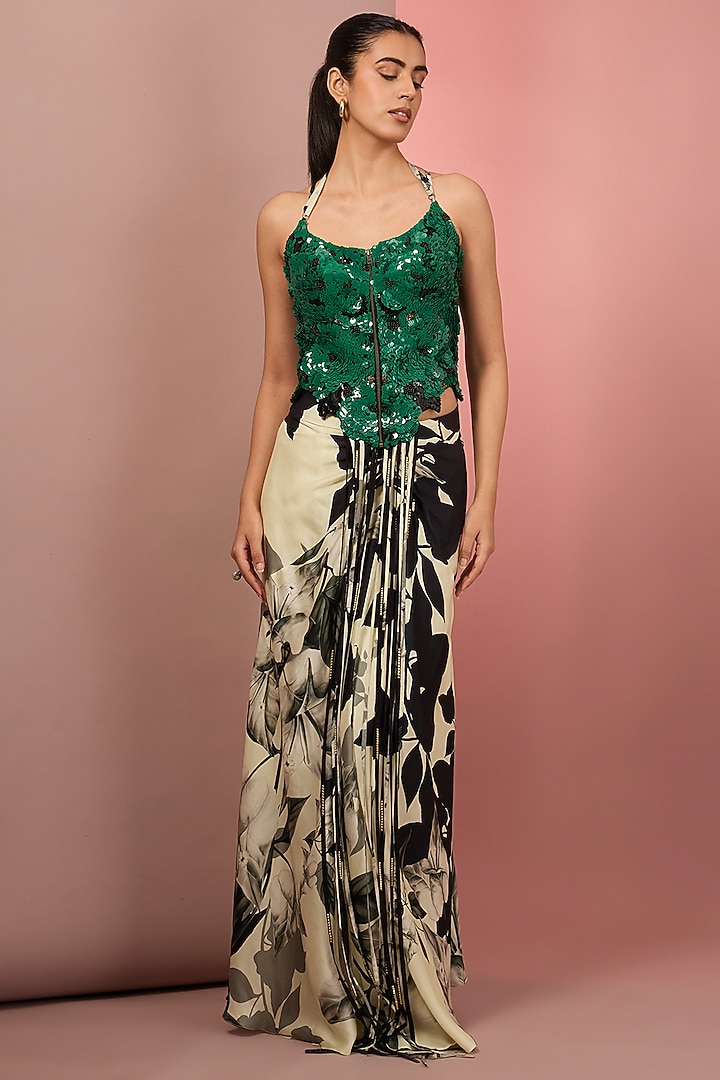 Off-White & Green Satin Printed Cape Set by Nupur Kanoi at Pernia's Pop Up Shop