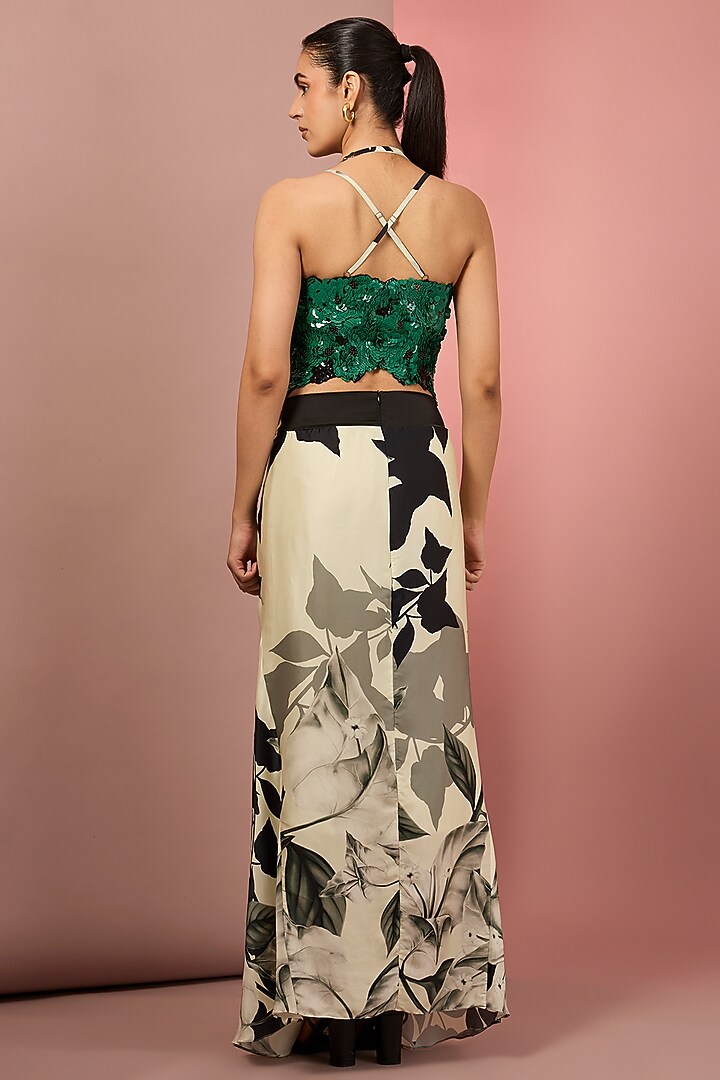 Off-White & Green Satin Printed Cape Set by Nupur Kanoi at Pernia's Pop Up Shop