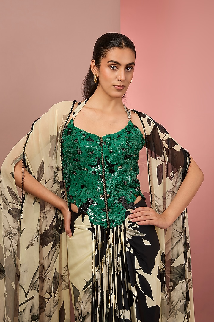 Off-White & Green Satin Printed Cape Set by Nupur Kanoi at Pernia's Pop Up Shop