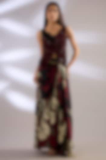 Black Satin Printed A-Line Pick-Up Skirt Set by Nupur Kanoi at Pernia's Pop Up Shop