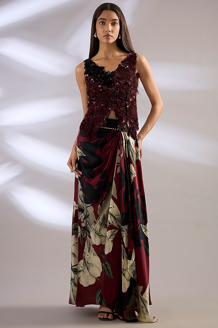 Black Satin Printed A-Line Pick-Up Skirt Set by Nupur Kanoi at Pernia's Pop Up Shop