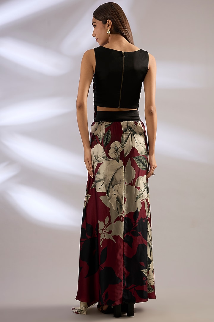 Black Satin Printed A-Line Pick-Up Skirt Set by Nupur Kanoi at Pernia's Pop Up Shop
