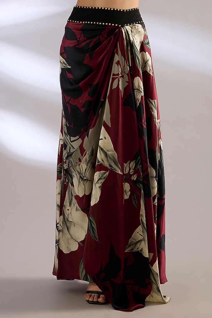 Black Satin Printed A-Line Pick-Up Skirt Set by Nupur Kanoi at Pernia's Pop Up Shop