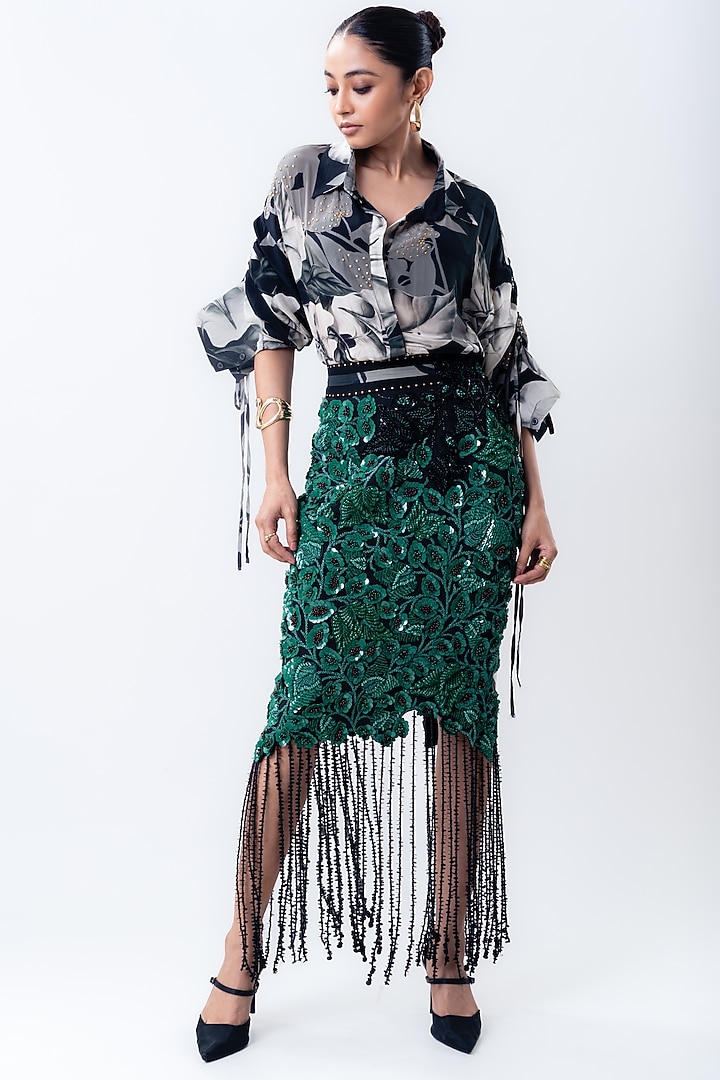 Green Crepe & Lycra Embroidered Skirt Set by Nupur Kanoi at Pernia's Pop Up Shop