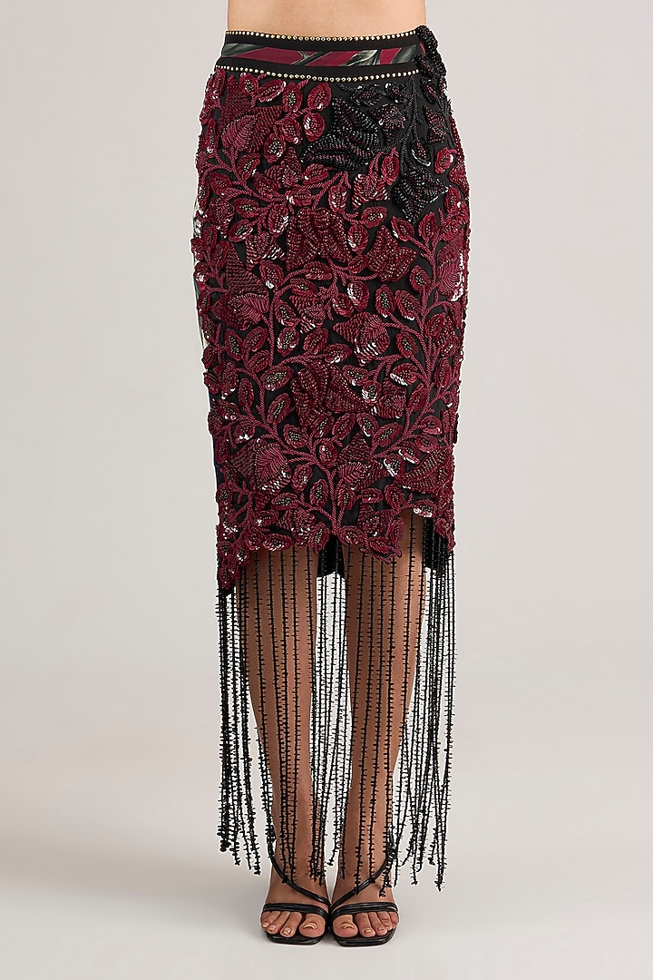 Burgundy Lycra Embroidered Pencil Skirt Set by Nupur Kanoi at Pernia's Pop Up Shop