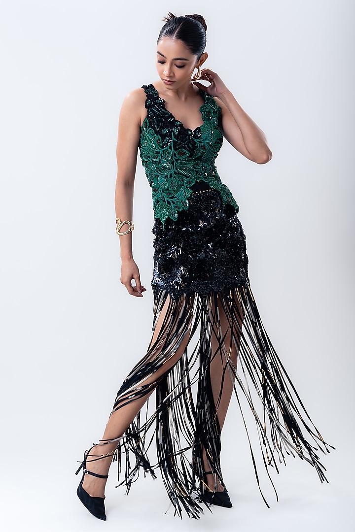 Black Crepe & Lycra Sequins Skirt Set by Nupur Kanoi at Pernia's Pop Up Shop