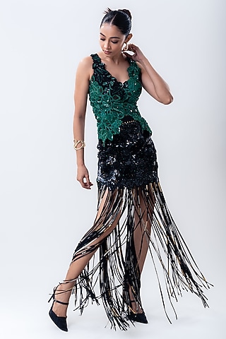 Black Crepe & Lycra Sequins Skirt Set by Nupur Kanoi