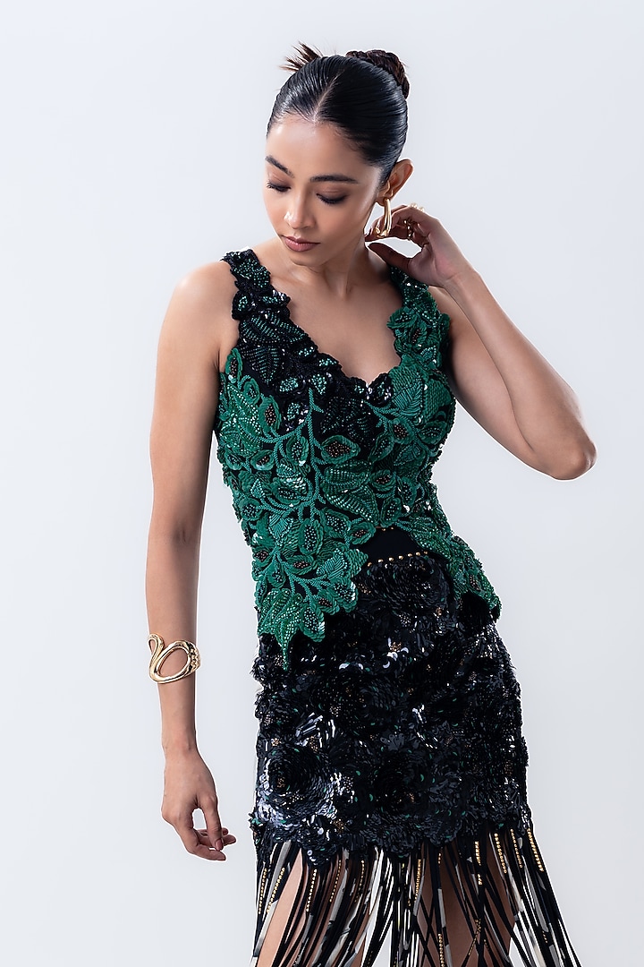 Black Crepe & Lycra Sequins Skirt Set by Nupur Kanoi at Pernia's Pop Up Shop