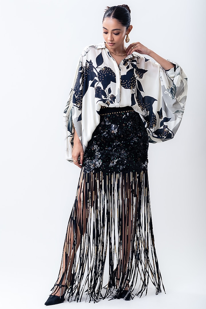 Black Crepe & Lycra Sequins Skirt Set by Nupur Kanoi at Pernia's Pop Up Shop