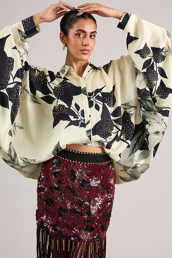 Burgundy Lycra Sequins Embroidered Fringed Skirt Set by Nupur Kanoi at Pernia's Pop Up Shop