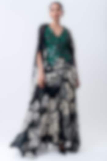 Black Crepe & Chiffon Printed Cape Set by Nupur Kanoi at Pernia's Pop Up Shop