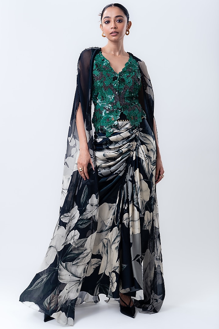 Black Crepe & Chiffon Printed Cape Set by Nupur Kanoi at Pernia's Pop Up Shop