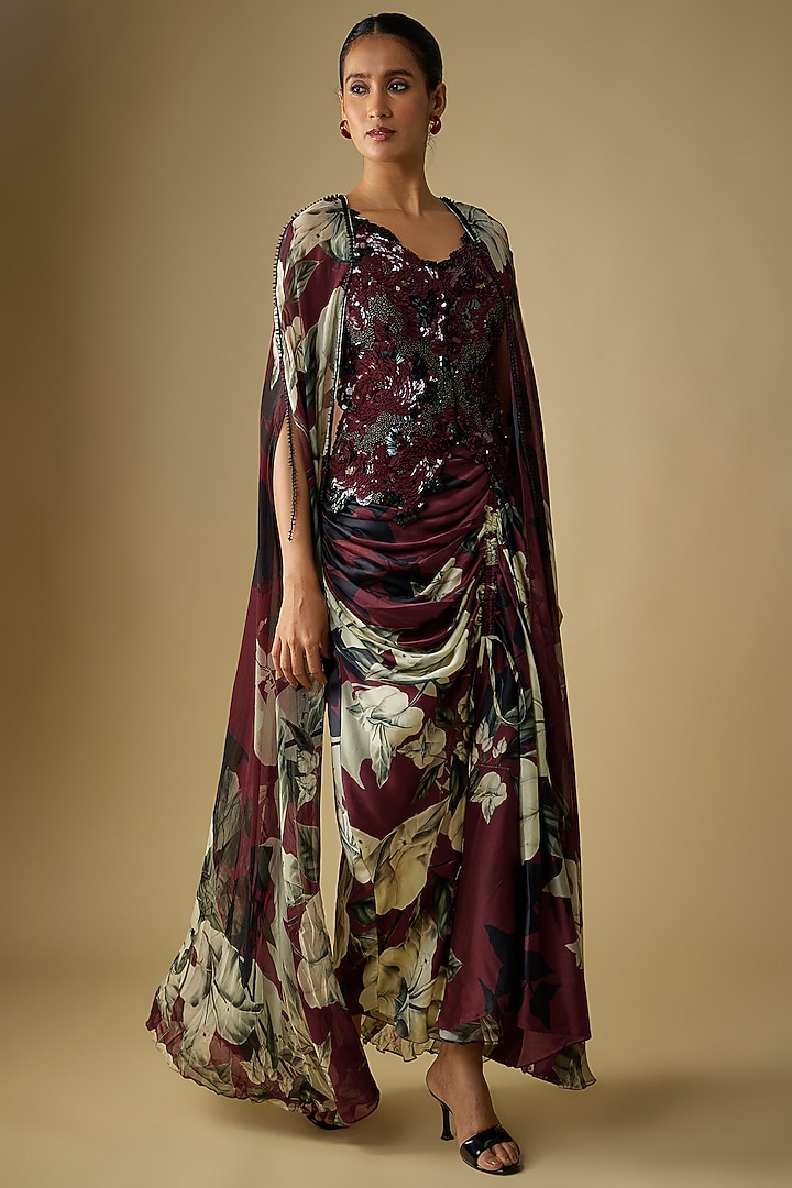 Wine Satin Digital Printed Skirt Set by Nupur Kanoi at Pernia's Pop Up Shop