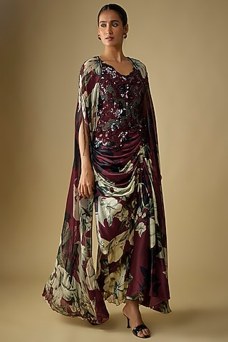 Wine Satin Digital Printed Skirt Set by Nupur Kanoi