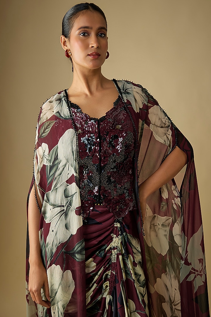 Wine Satin Digital Printed Skirt Set by Nupur Kanoi at Pernia's Pop Up Shop