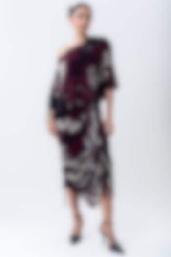 Burgundy Crepe & Chiffon Printed Frilled Skirt Set by Nupur Kanoi at Pernia's Pop Up Shop