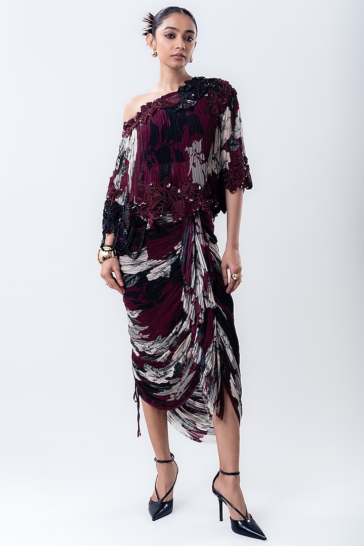 Burgundy Crepe & Chiffon Printed Frilled Skirt Set by Nupur Kanoi at Pernia's Pop Up Shop