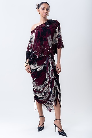 Burgundy Crepe & Chiffon Printed Frilled Skirt Set by Nupur Kanoi