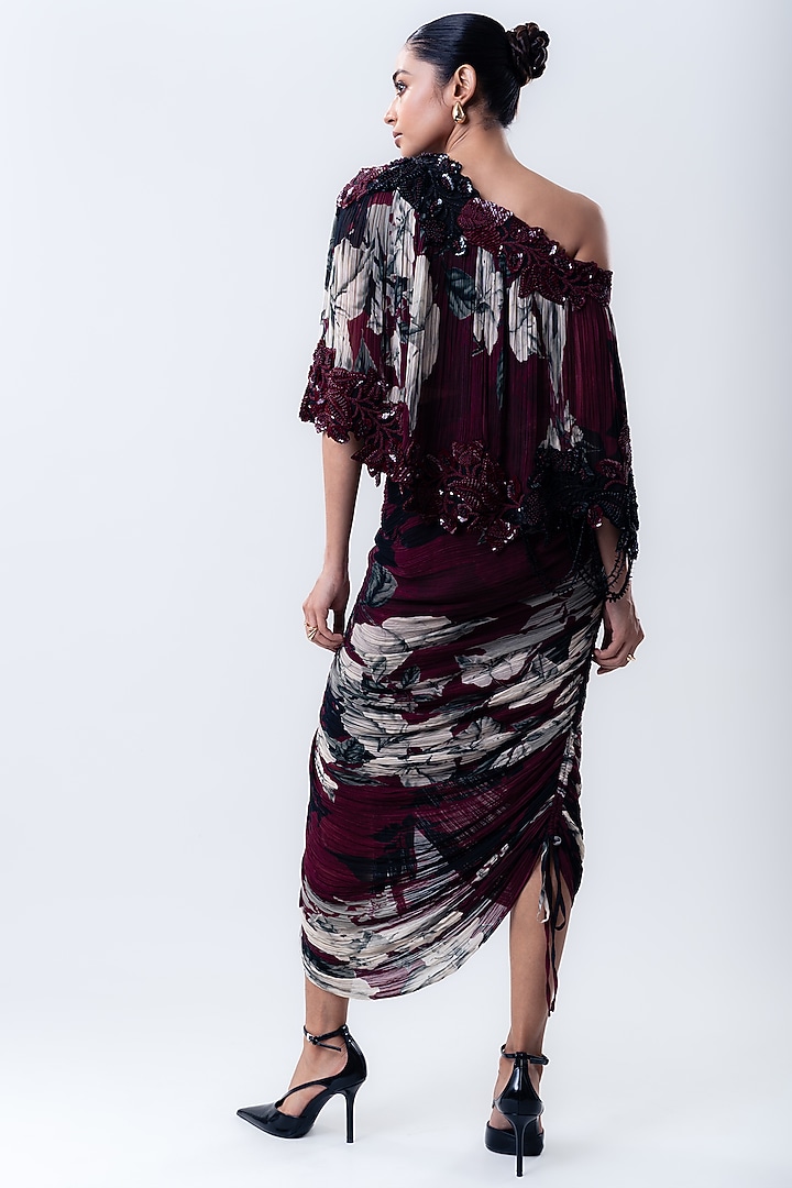 Burgundy Crepe & Chiffon Printed Frilled Skirt Set by Nupur Kanoi at Pernia's Pop Up Shop
