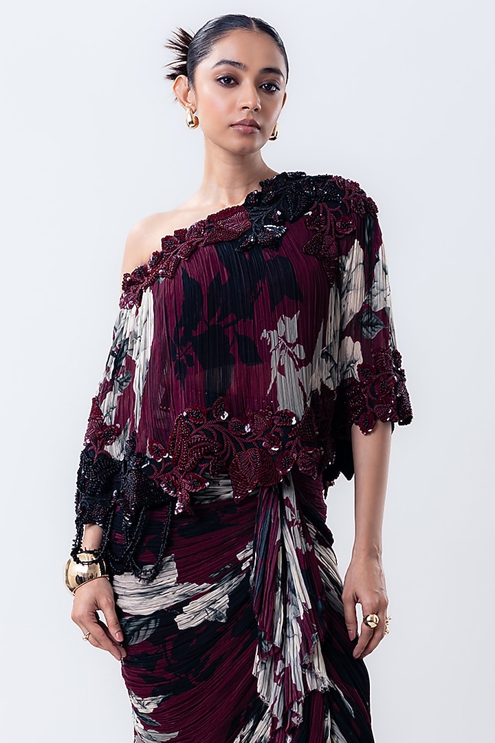 Burgundy Crepe & Chiffon Printed Frilled Skirt Set by Nupur Kanoi at Pernia's Pop Up Shop