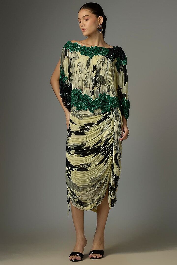 Off-White Crepe & Chiffon Printed Frilled Skirt Set by Nupur Kanoi at Pernia's Pop Up Shop
