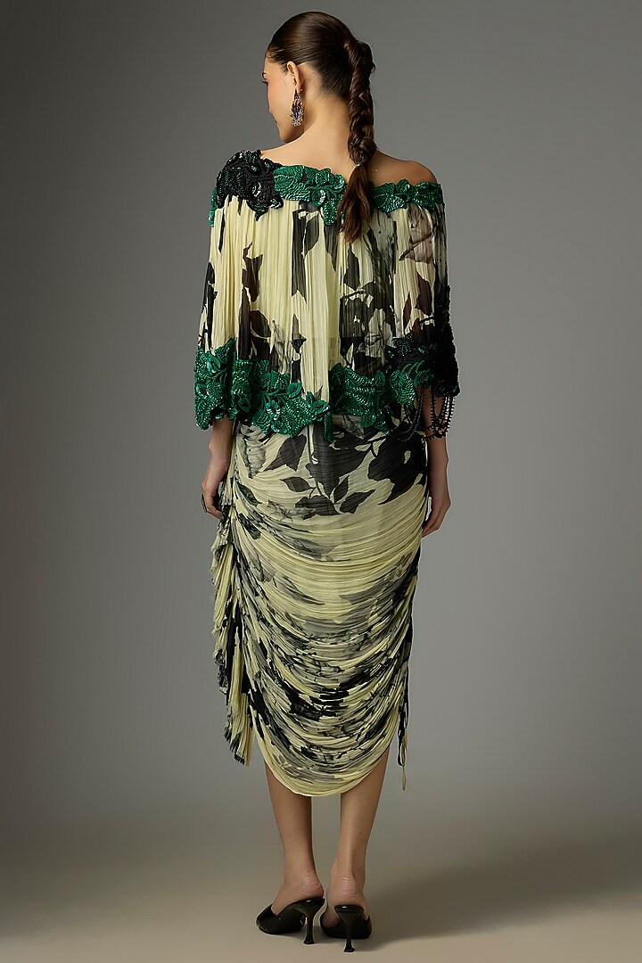 Off-White Crepe & Chiffon Printed Frilled Skirt Set by Nupur Kanoi at Pernia's Pop Up Shop