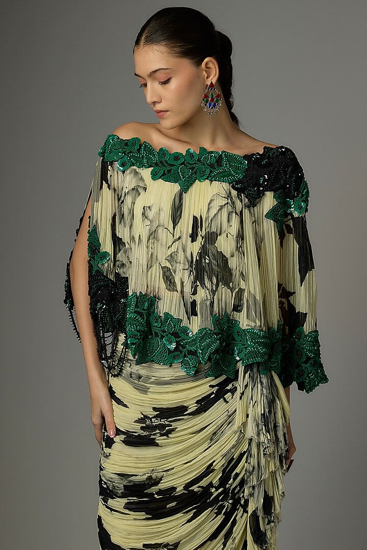 Off-White Crepe & Chiffon Printed Frilled Skirt Set by Nupur Kanoi at Pernia's Pop Up Shop