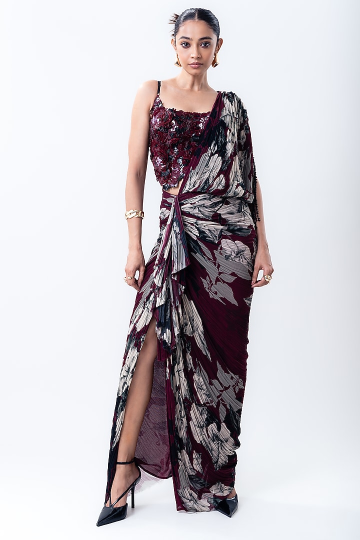 Burgundy Crepe & Chiffon Printed Pre-Draped Reception Saree Set by Nupur Kanoi at Pernia's Pop Up Shop