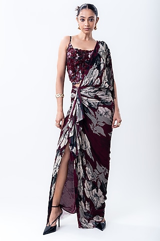 Burgundy Crepe & Chiffon Printed Pre-Draped Saree Set by Nupur Kanoi